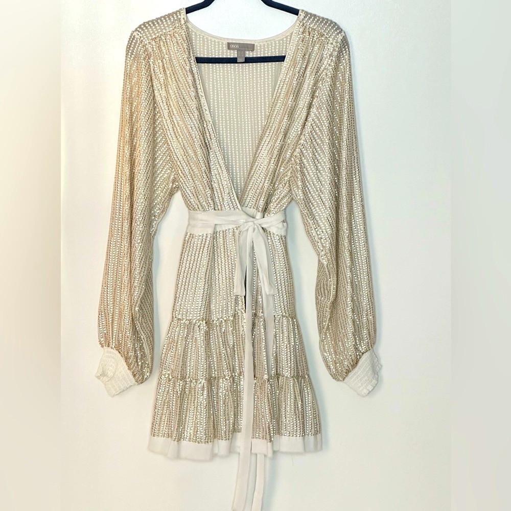 ASOS Champagne Gold/Platinum Metallic Sequins Belted Long Sleeve Wrap Dress